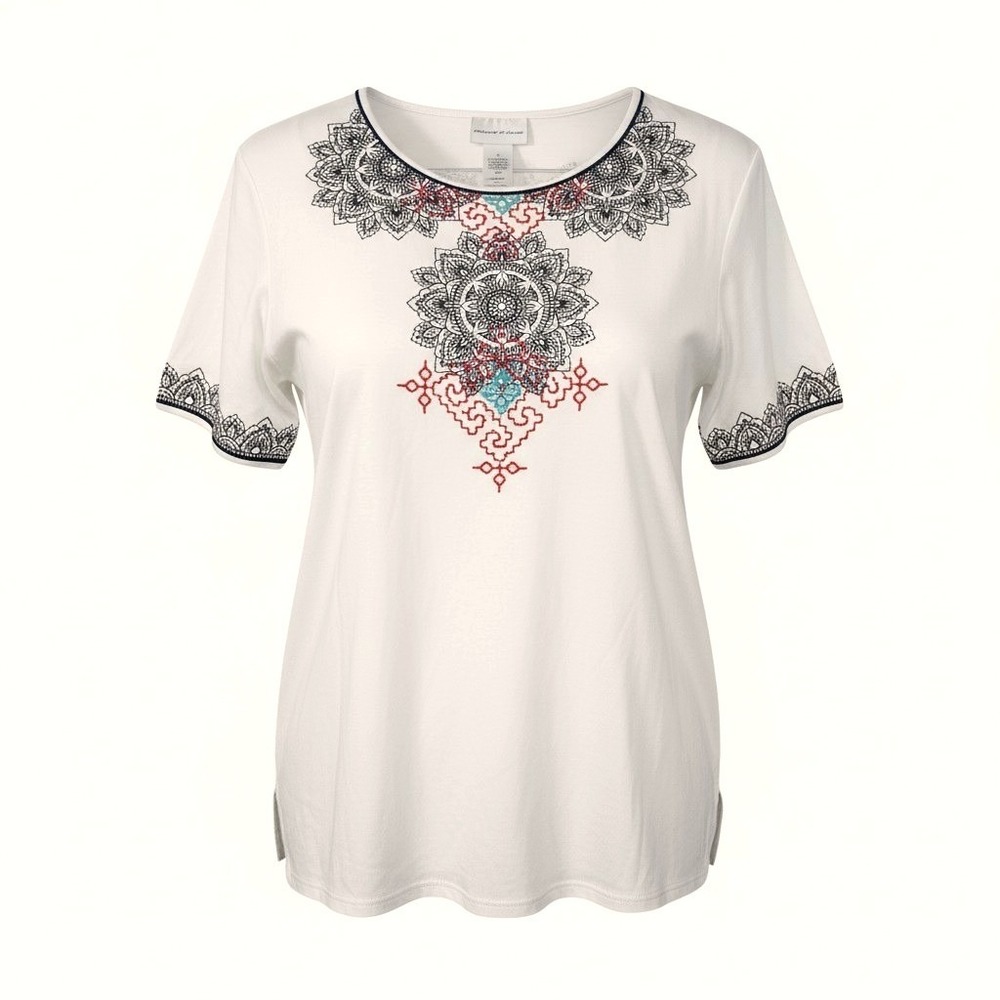 Alfred Dunner Womens Embroidered Mandala T-Shirt Cotton Blend Casual White L